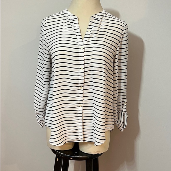 Halogen Tops - Halogen Black and White Striped Button Down Shirt Roll Tab Sleeves Smile Hem